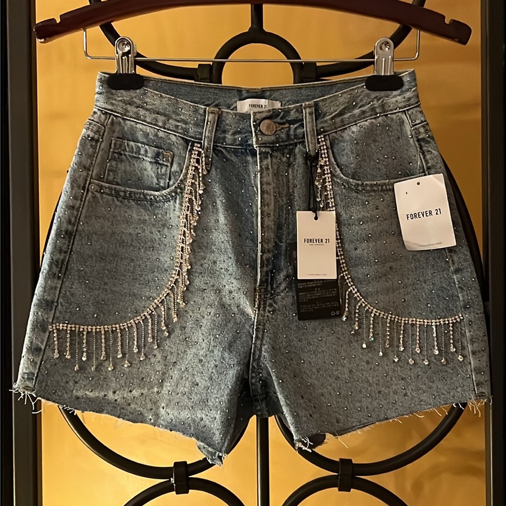 FOREVER 21 High Rise Denim Rhinestone Embellished Fringe Festival Shorts
